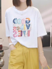 Qadınlar üçün Böyük Ölçülü, Saf Pambıqdan Naxışlı Qısa Qollu Futbolka, Yay, Boş Forma, Arıqladıcı, Arxasız Krujevalı Qısa Qollu Futbolka, Dəbli