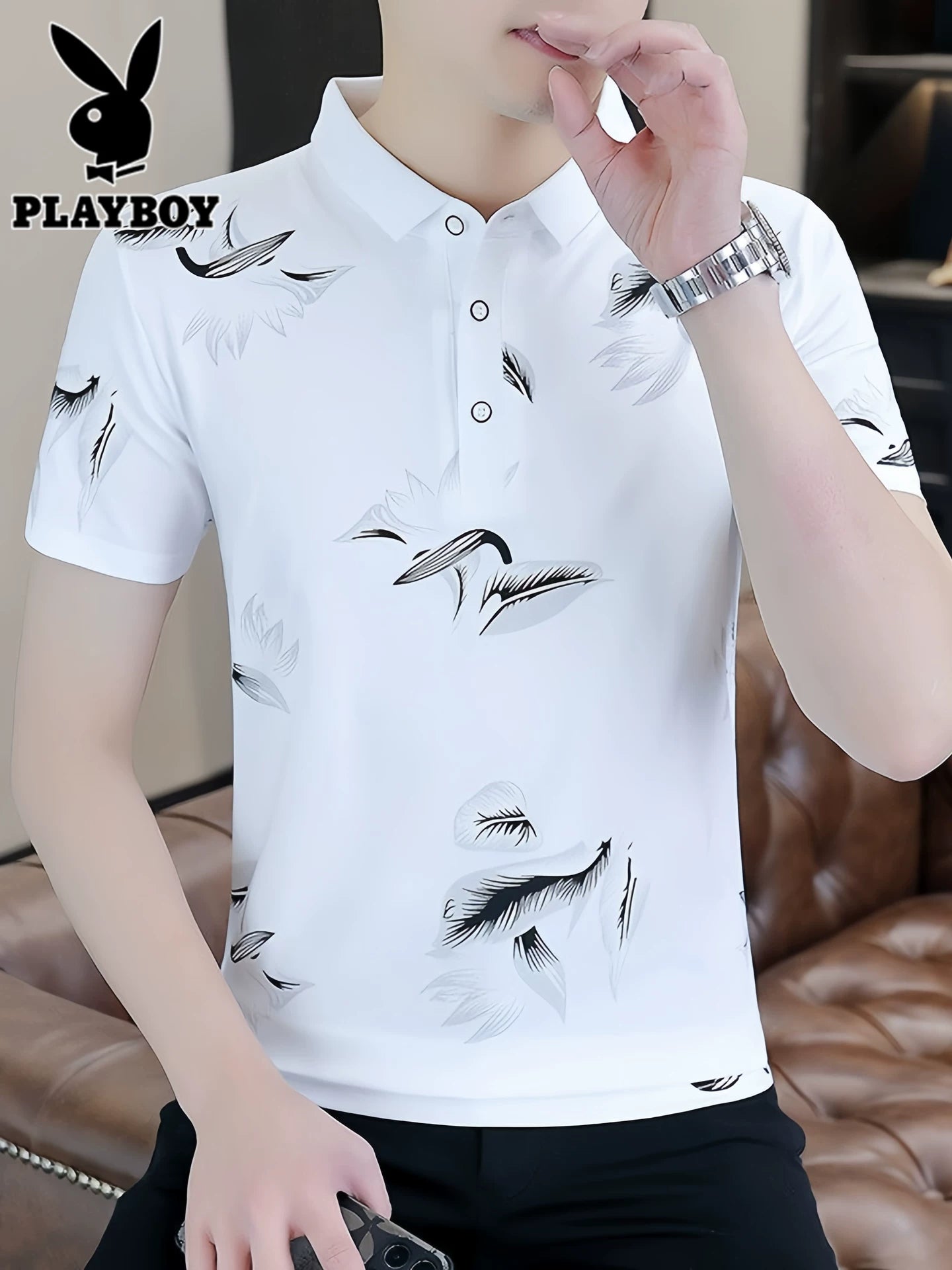 Playboy qısaqol kişi köynəyi 2026 yay yeni buz ipək polo köynəyi kişi təmiz pambıq yarımqol köynək