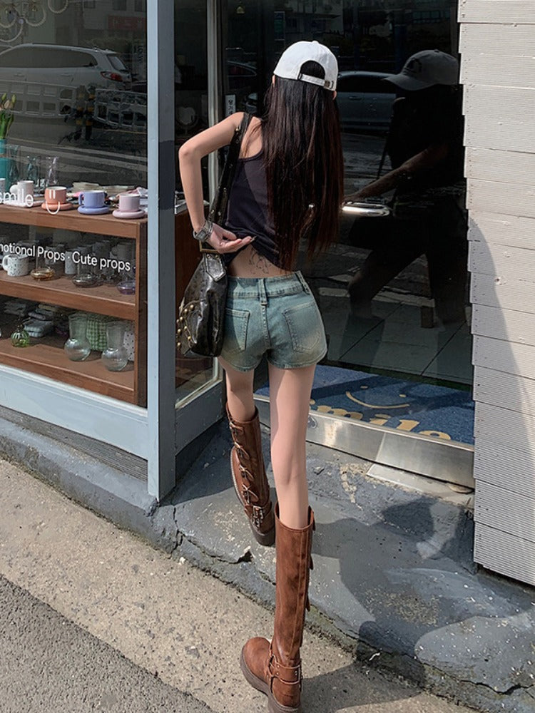 Qadınlar üçün Böyük Ölçülü Amerika Retro Çəkməli Aşağı Belli Denim Şortlar, 2026 Yay Yeni Modeli, Böyük Ölçülü Qadınlar üçün İncə Fit İsti Şalvar