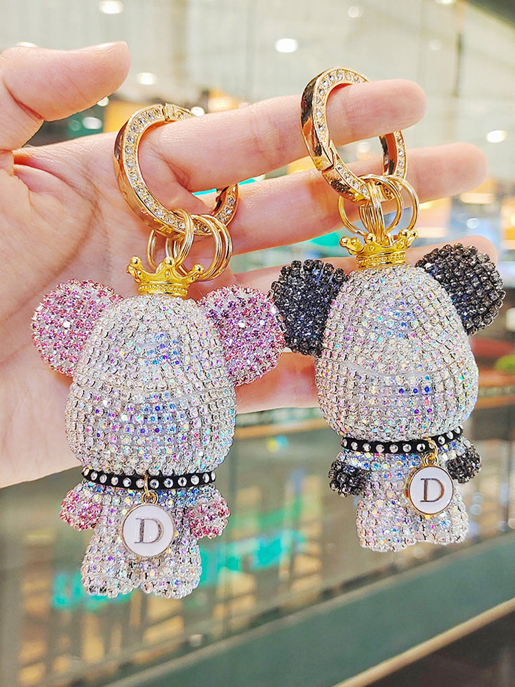 Cartoon full diamond bear-shaped car key chain, creative design, optional diamond-encrusted license plate pendant, anti-loss key chain gift.