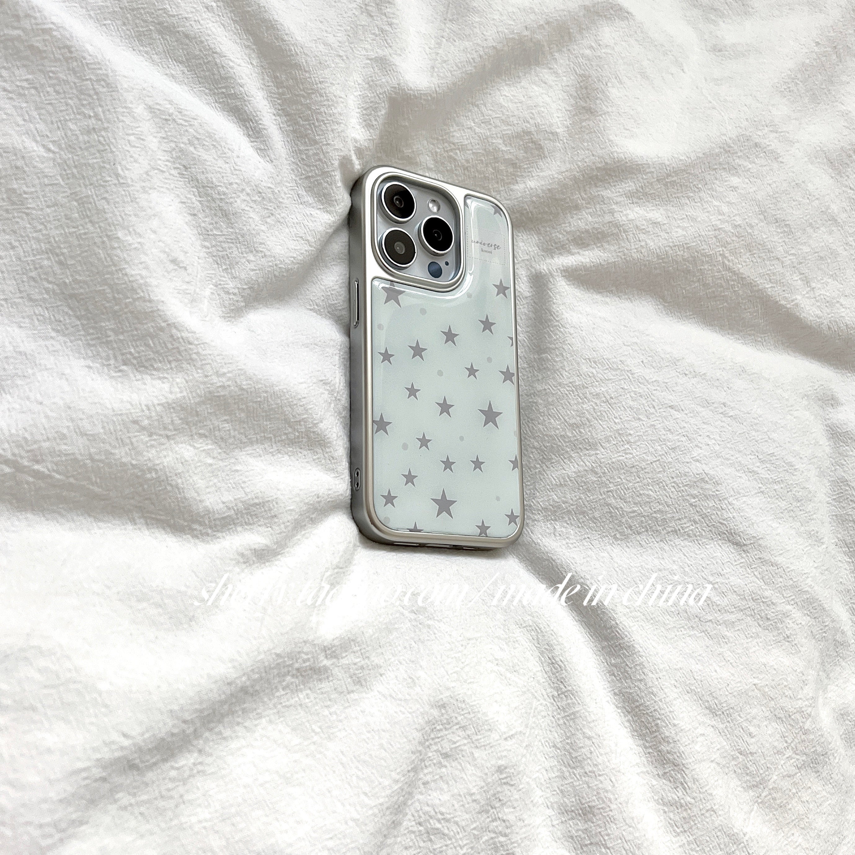 SHERRY*ins soyuq yüksək səviyyəli elektrolizlənmiş gümüş kənar boz ulduzlar Apple 17iProMax mobil telefon qutusu iPhone16Pro niş qız ürəyi 15 sadə 14 cizgi filmi 13 təzə