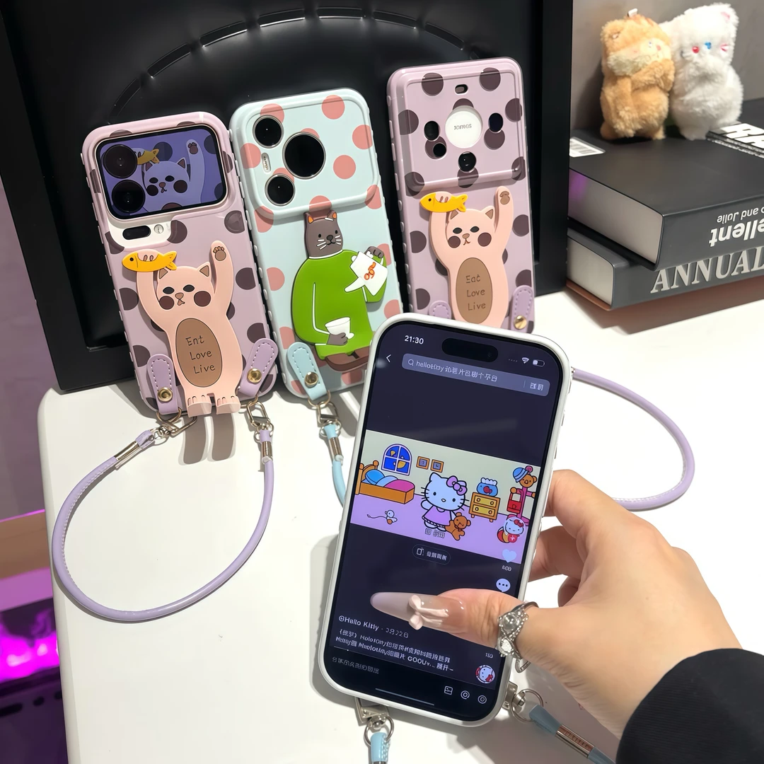 Apple 17promax mobil telefon qutusu Huawei mate60pro yeni p70 sevimli Reno15 yaradıcı s20/x300 fərdiləşdirilmiş Xiaomi 17 qadın şöhrəti üçün uyğun İnternet məşhurunun sevimli pişik tutacağı lanyard