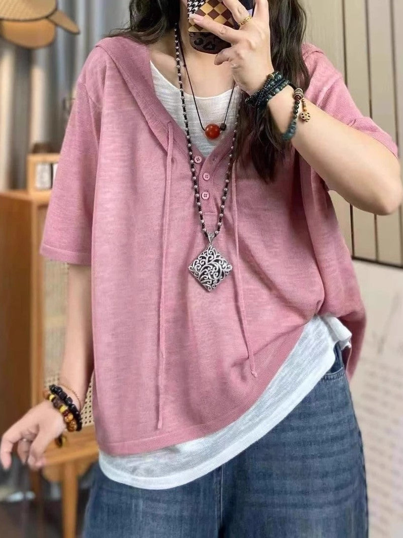 Böyük Ölçülü Yay Boş Başlıqlı Süni İki Parçalı Qısa Qollu Köynək Qadınlar üçün 2026 Yeni Gündəlik Çoxfunksiyalı Moda Rəngli Blok Top