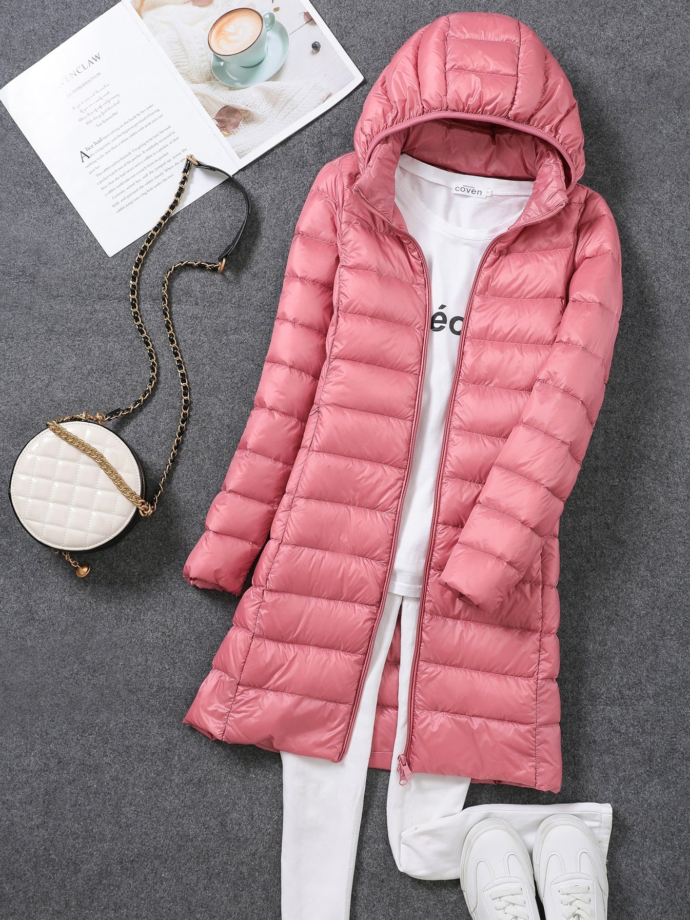 2024 Autumn/Winter New Women's Lightweight Jacket, Mid-Length, White Duck Down, Korean Style, Slimming and Comfortable, Detachable Hood