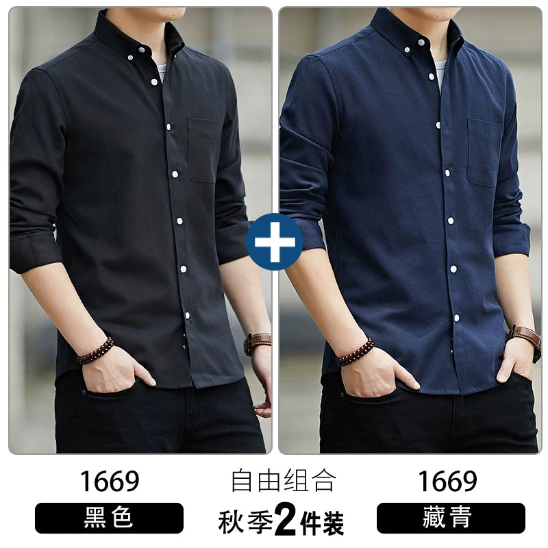 Kişilər üçün uzunqol köynək, gənclik üslubunda, boş forma, dəbli brend, yüksək səviyyəli Oksford parça, düz rəng, payız geyimi, gündəlik üst geyim.