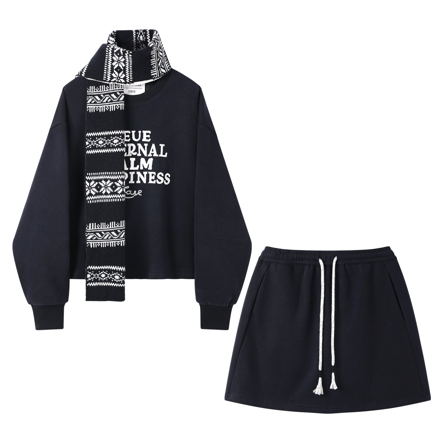 Cholisa Payız/Qış İki Hissəli Kostyum Dəsti: Qadınlar üçün Yun astarlı Qalın Dəyirmi Yaxalı Naxışlı Sviter və Yüksək Belli A-xəttli Ətək