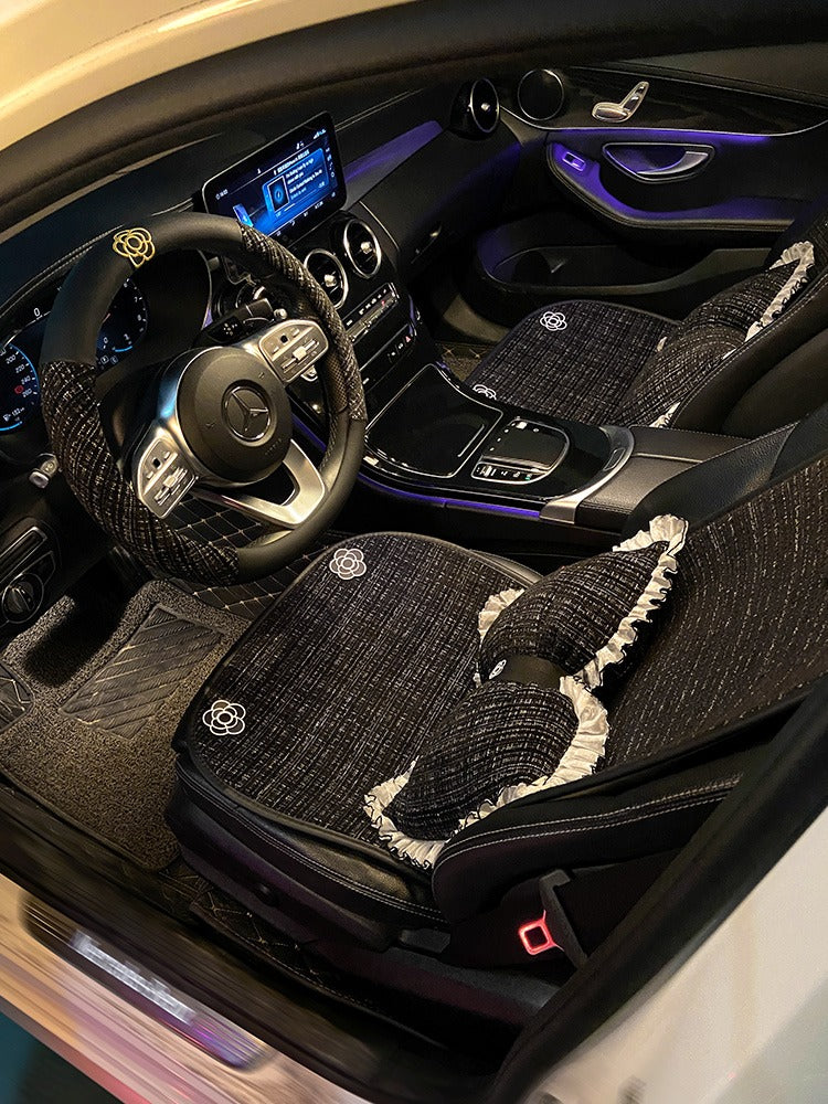 Linen car seat cushions, for all seasons, premium feel, new style, women's seat cover, star-shaped car seat cover and cushion set, five-piece.