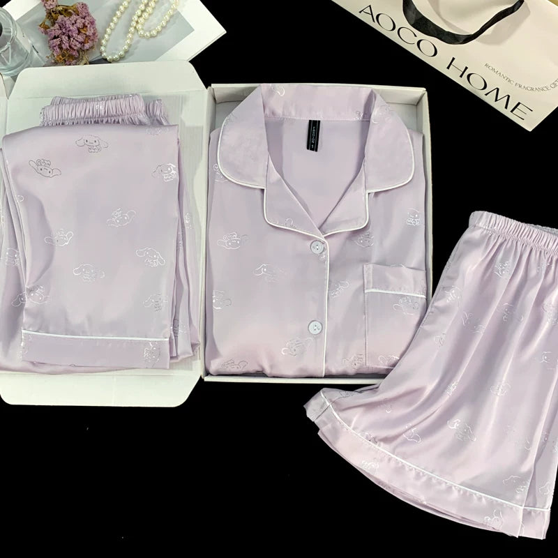 Yayda qadınlar üçün yüngül lüks və yüksək səviyyəli buz ipəkdən qısaqol pijama. Ağ Xiangyun döş yastığı və sərin ev geyimi olan üç hissəli dəst