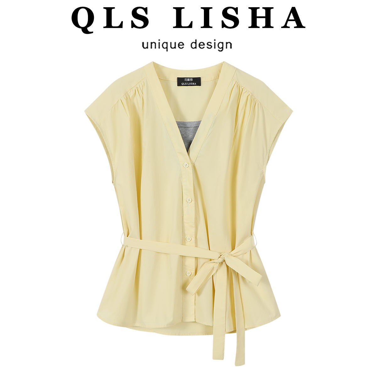 Chorlisa qadın köynəyi, yüksək keyfiyyətli, dəbdəbəli, gənc, şık V-yaxalı, süni iki hissəli, fransız üslubunda rahat və rahat top, yay.