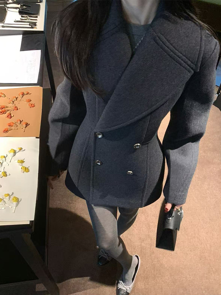 Old Qian Style Boz Yun Palto Qadınlar üçün İkiqat Döşlü Qum Saatı Bel Orta Uzunluqlu Zərif Kostyum Yun Palto