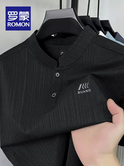 Luo Meng Bing İpək Stend Yaxası Qısaqol T-shirt Kişi Yay Yeni Nəfəs Alabilen Boş Yüksək Biznes Təsadüfi Moda T-shirt