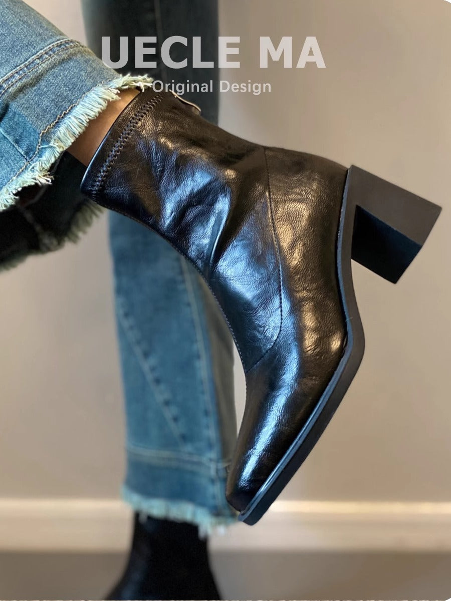 Qadınlar üçün dəri hündürdaban çəkmələr, 2025 payız/qış yeni dəbi, kvadrat burunlu Martin çəkmələri, kiçik fransız üslubunda qalın dabanlı nazik çəkmələr.