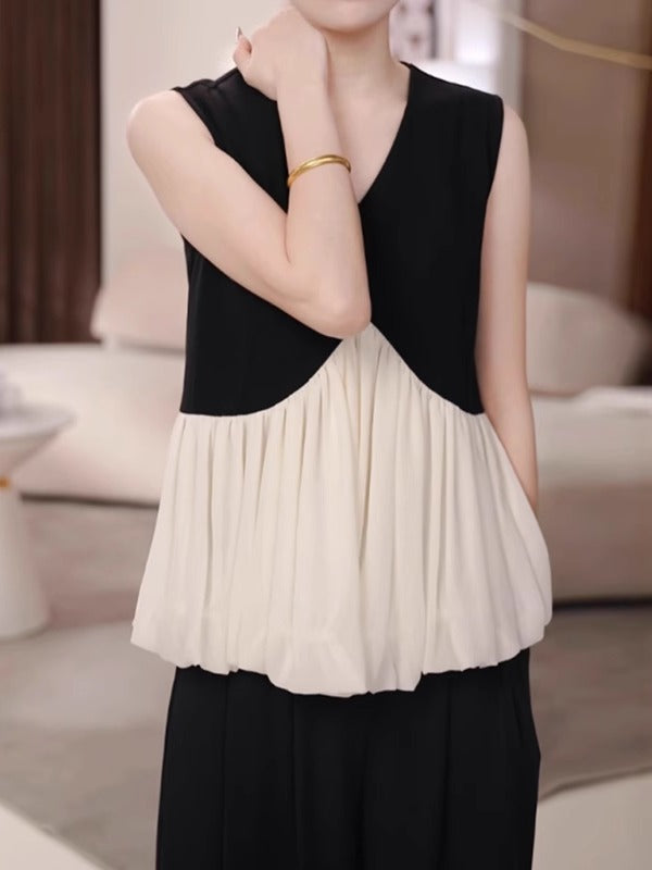 Qadınlar üçün fransız üslubunda V-yaxalı qolsuz mayka, yay, böyük ölçüdə, arıqlama üçün, dəbli, yüksək səviyyəli rəngləri olan bluza.