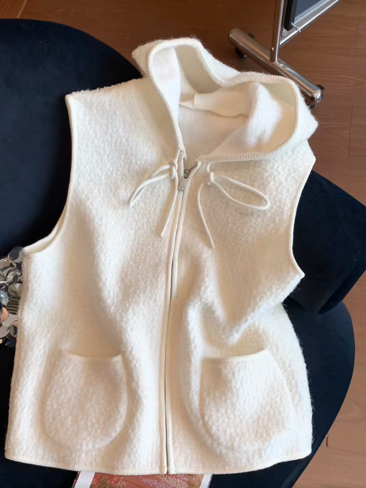 Shenzhen Nanyou yüksək səviyyəli butiki ~ Qadınlar üçün şık, gündəlik çox yönlü başlıqlı toxunmuş jilet, payız və qış qolsuz top