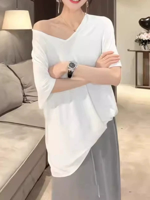 Böyük ölçülü yağlı mm buz ipək V-yaxa tənbəl qısaqol köynək qadınlar üçün yay Koreya stili düz rəngli boş arıqlayan minimalist üslubda top