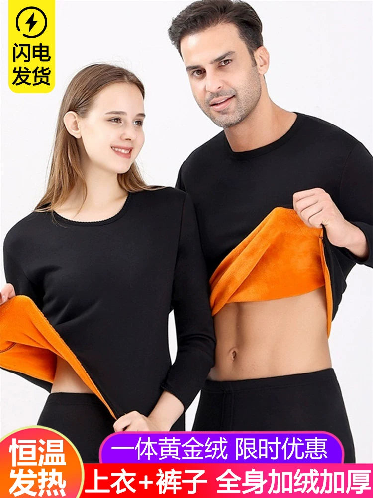 Kişilər üçün qış termal alt paltarı, qalınlaşmış flis astarlı termal alt paltarı, dairəvi yaxalı termal əsas təbəqəli pambıq alt köynək, qadın cütlük dəsti