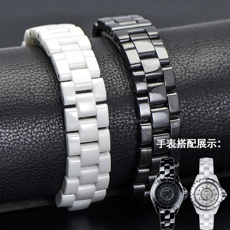 Qadınlar üçün əvəzedici Chanel saat qayışı J12 keramika saatı, kişilər üçün CHANEL qabarıq saat zənciri aksesuarları, qara və ağ.