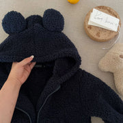 Uşaq 2025 Payız/Qış Yun astarlı top, oğlan və qızlar üçün ayaq üstə açılan qulaqlı xəz sviter gödəkçə, körpə üçün bütöv rəngli fermuarlı sviter