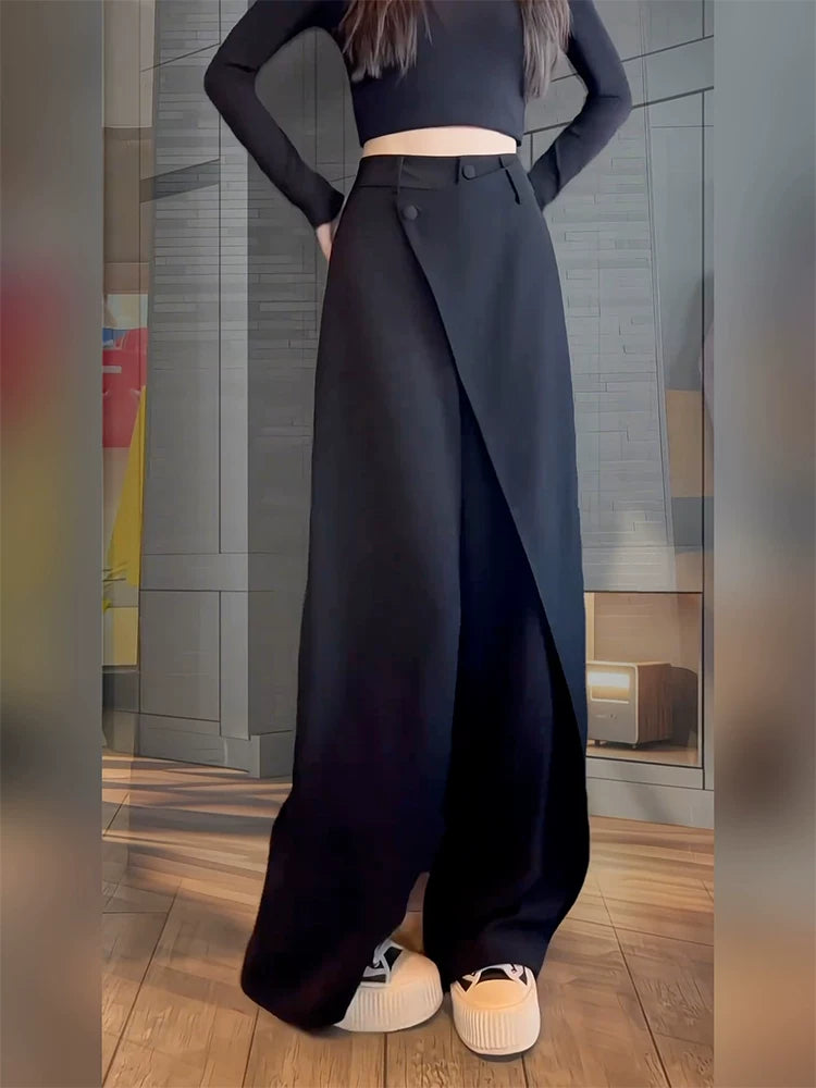 Qadınlar üçün yeni yay qara rəngli kostyum gündəlik şalvar, böyük ölçülü, yüksək belli, arıqladıcı, boş, düz ayaqlı şalvar, bir az kök qadınlar üçün.