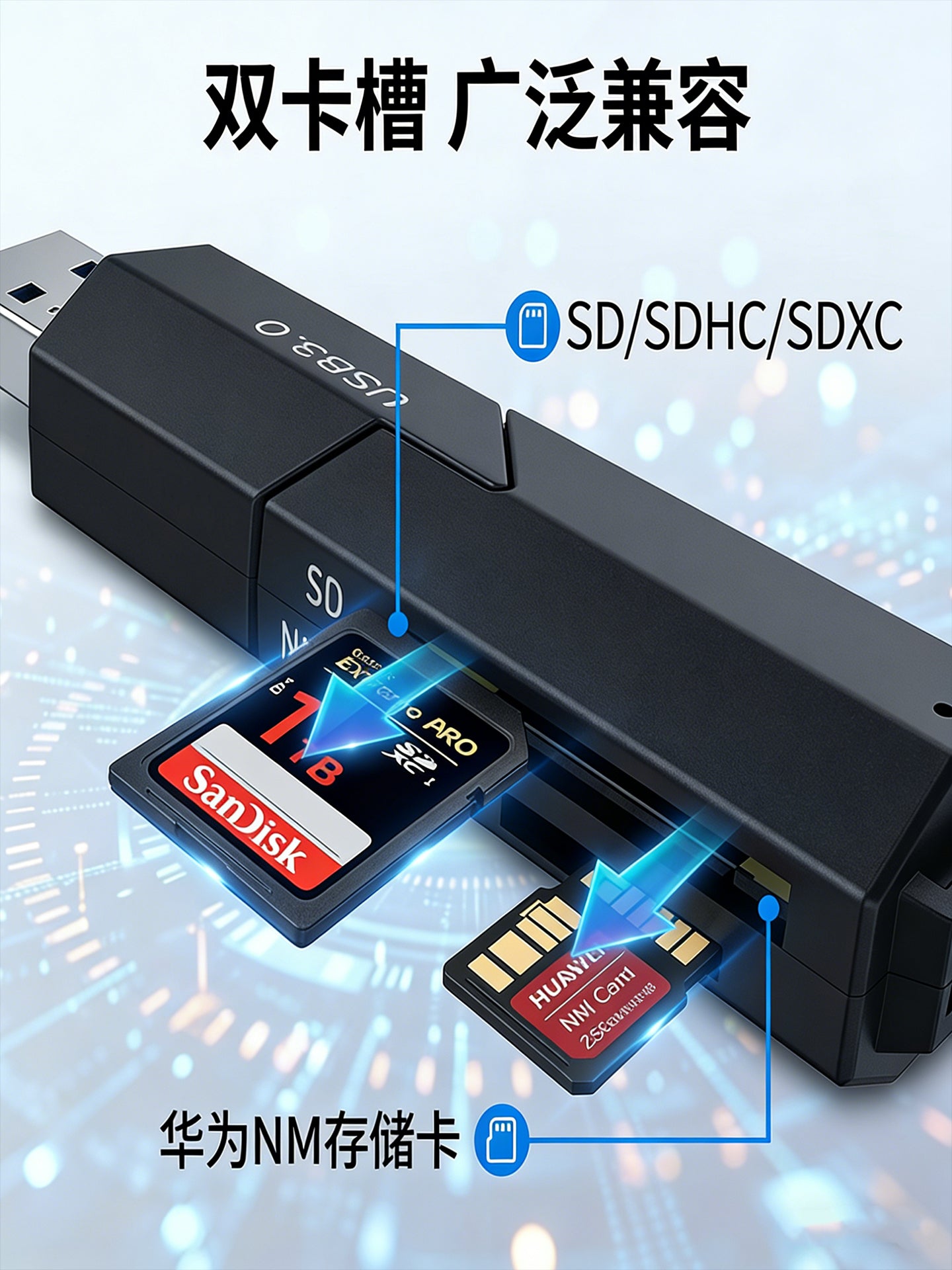 USB3.0 yüksək sürətli NM kart SD kart oxuyucusu Huawei yaddaş kartı üçün uyğun iki kart yuvası yaddaş kartı sürüşmə qapağı