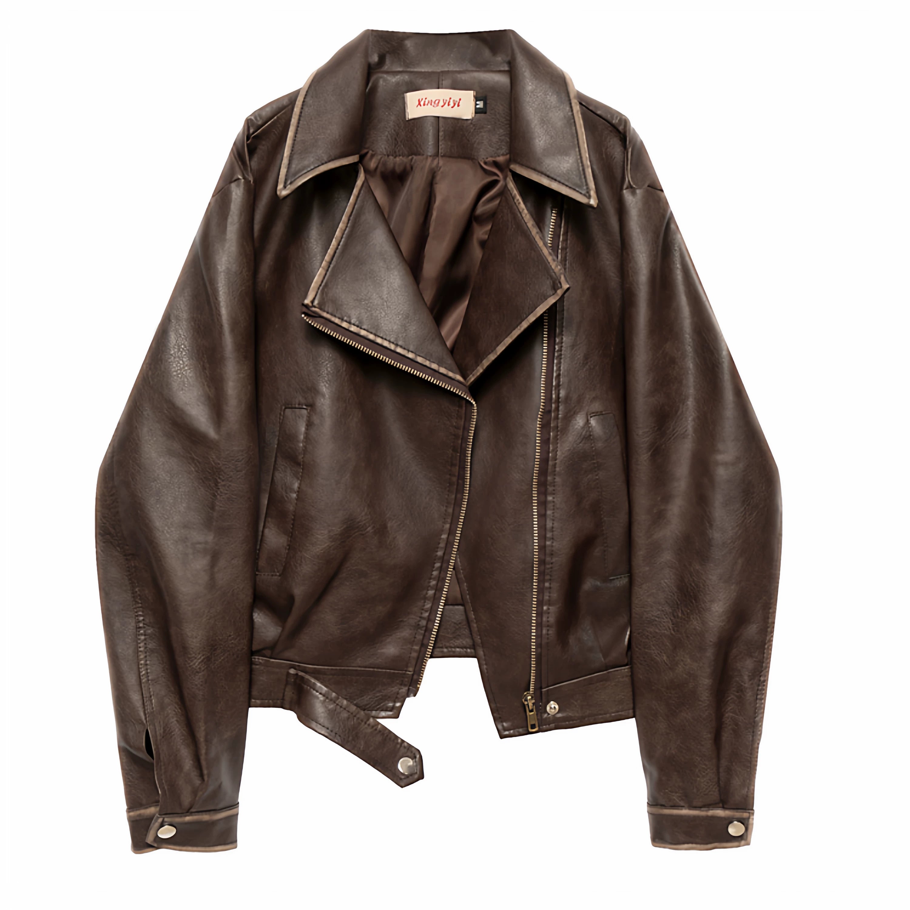 Qadınlar üçün qara yaxalı dəri gödəkçə, 2025 Yeni Amerika Retro Motosiklet Stilində Boş Qısa Gödəkçə Top