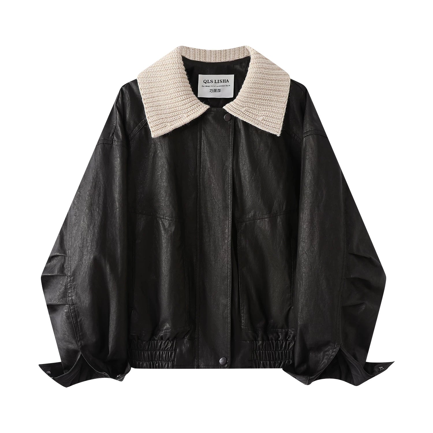 Chorlisa Qara Qəşəng və Sərin Toxunma Yamaqlı Yaxalıqlı PU Dəri Gödəkçə, Payız və Qış üçün Pambıq Yastıqlı Gödəkçə