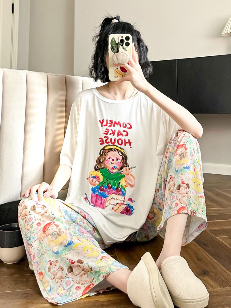 İncə bölmə ~ yağlı boya cizgi filmi modal pijama qadınlar üçün yay qısaqol şalvar buz ipək sərin və sevimli Yapon ev paltarları