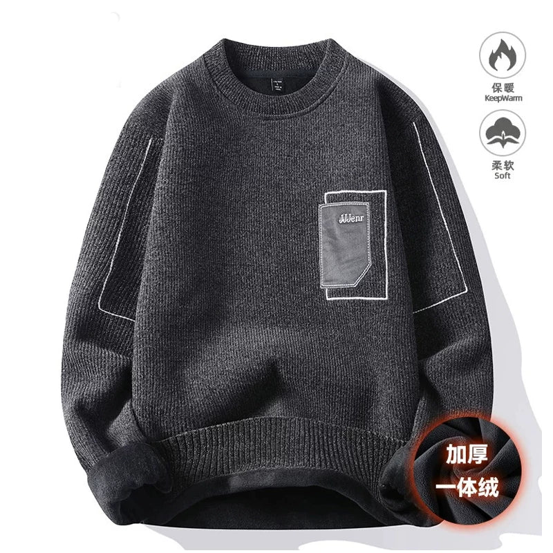 Kişilər üçün bir hissəli yun sviter, yeni payız və qış modası, isti şenil yun astarlı alt paltarı, kişilər üçün dairəvi yaxalı trikotaj geyim.