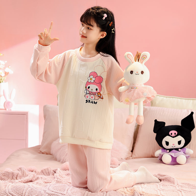 My Melody Qızları üçün Təmiz Pambıq Ev Geyimi, Payız və Qış, Böyük Uşaqlar üçün Üç Qatlı Yorğanlı Qalın İsti Pijamalar, Şirin Dəst