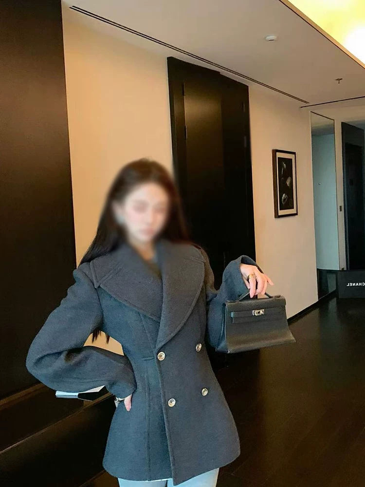 Old Qian Style Boz Yun Palto Qadınlar üçün İkiqat Döşlü Qum Saatı Bel Orta Uzunluqlu Zərif Kostyum Yun Palto