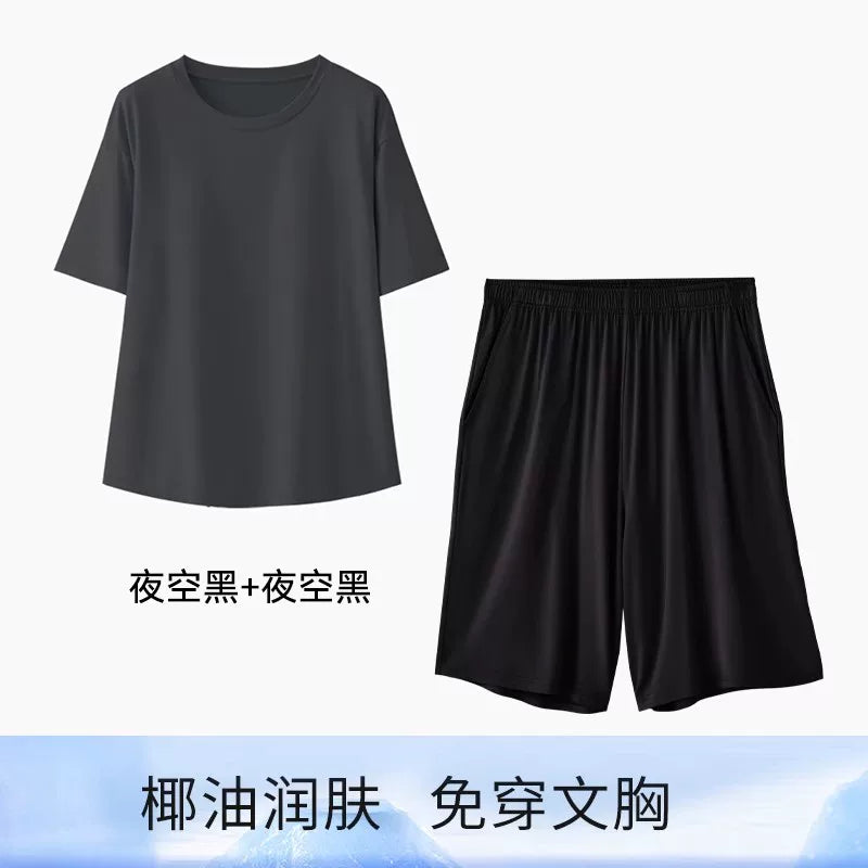 Qadınlar üçün döş yastiqciqları olan pijama, çöldə geyinilə bilən yay nazik buz ipəyi sərin qısaqol şort, böyük ölçülü modal ev geyimi kostyumu