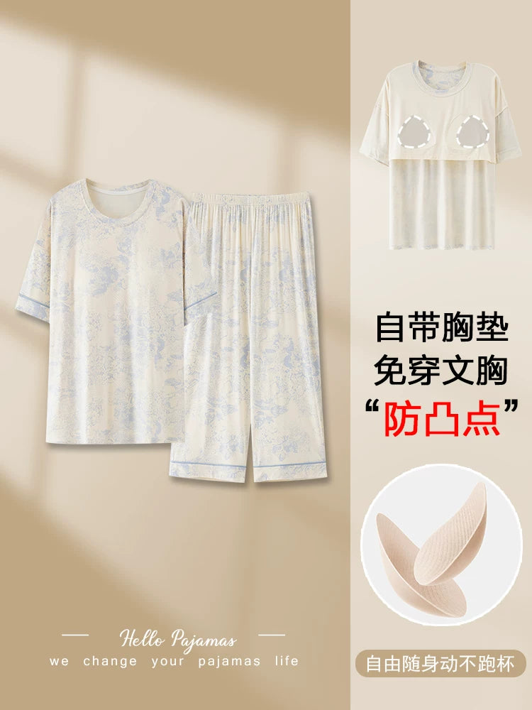Fenton Ke'an modal pijama qadın yay qısaqol üç dörddəbir şalvar nazik iri ölçülü orta yaşlı ana üçün döş yastıqları ilə ev geyimi