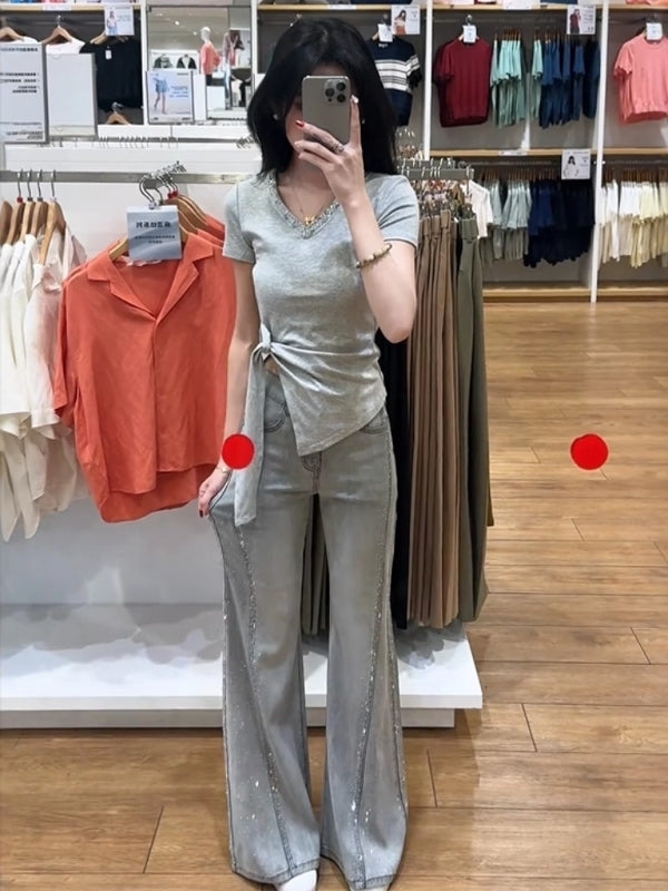 Yay üçün qadınlar üçün yüksək keyfiyyətli, ağır daşlarla bəzədilmiş şalvarlar, böyük ölçülü, yüksək belli, geniş bədən formasında, arıqladıcı düz ayaqlı şalvar.