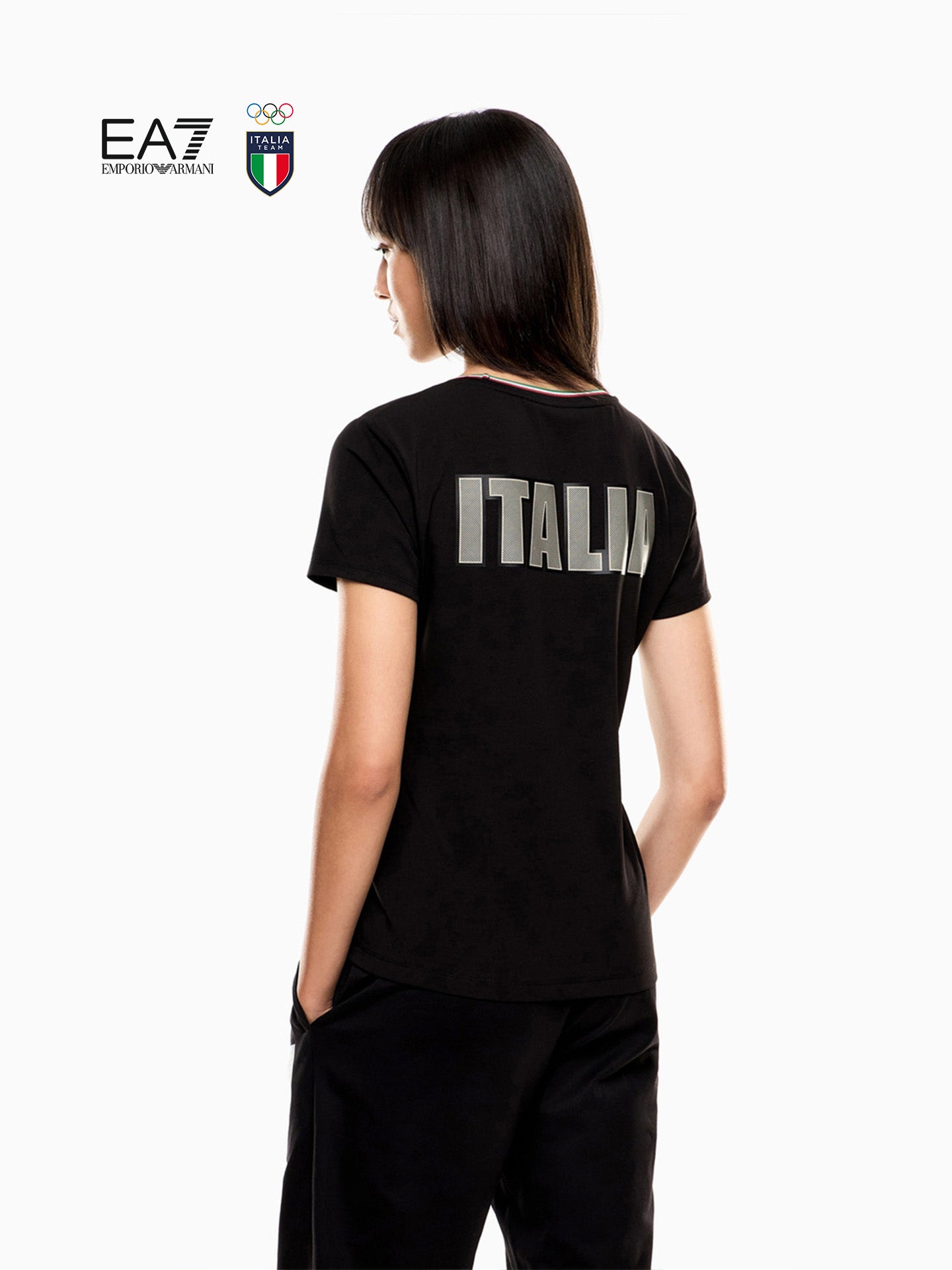 EMPORIO ARMANI EA7 Qış Yeni Qadın Dəyirmi Yaxalı Dartılan Pambıq Qısa Qollu İdman Məşq Köynəyi