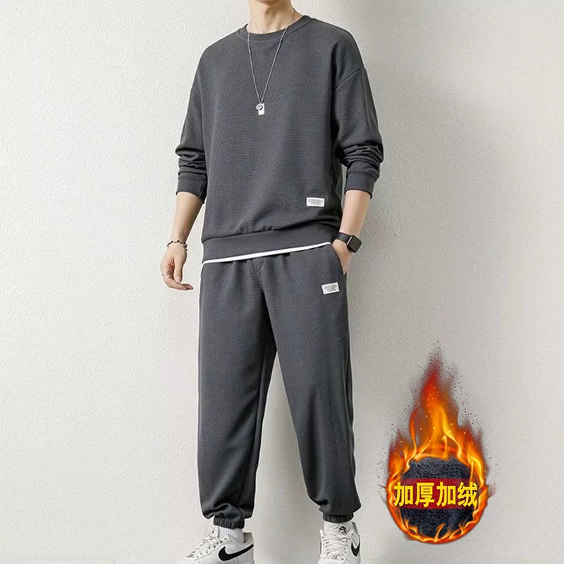 Endirimli Endirim: Kişilər üçün Gündəlik İdman Kostyumu, Böyük Ölçülü, Vafli Örgülü, Yun Astarlı, Payız və Qış üçün Qalın Sviter və Şalvar