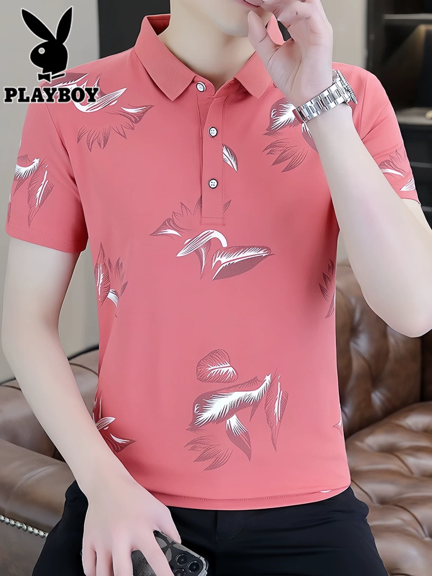 Playboy qısaqol kişi köynəyi 2026 yay yeni buz ipək polo köynəyi kişi təmiz pambıq yarımqol köynək