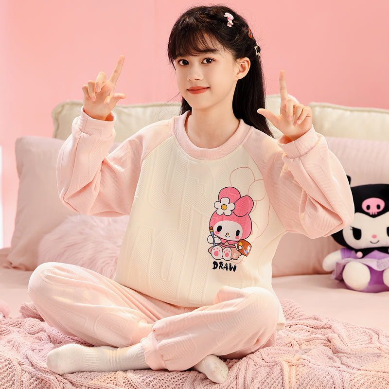 My Melody Qızları üçün Təmiz Pambıq Ev Geyimi, Payız və Qış, Böyük Uşaqlar üçün Üç Qatlı Yorğanlı Qalın İsti Pijamalar, Şirin Dəst