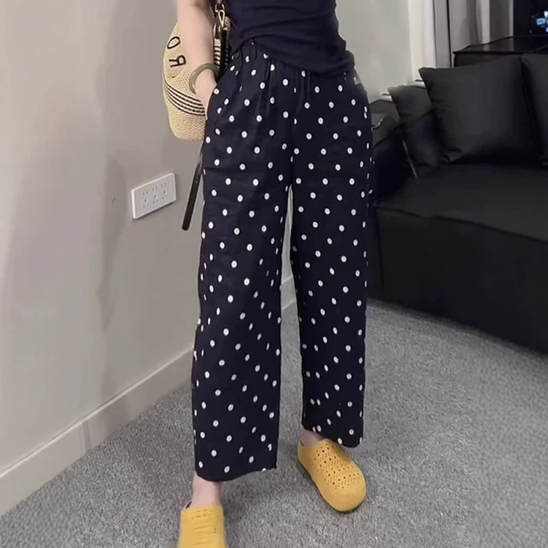 Qadınlar üçün böyük ölçülü nöqtəli elastik bel şalvarları, yeni yay üslubunda, arıqladıcı, boş, dəbli, qısa enli şalvarlar