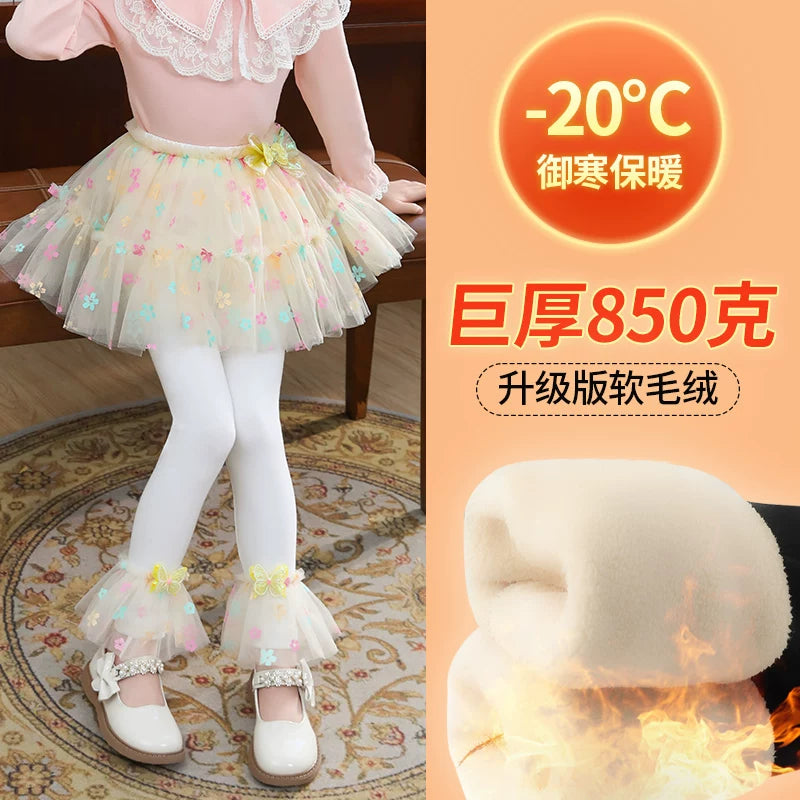 Qızlar üçün bir hissəli ətək şalvarları, 2025-ci ilin yaz və payız mövsümü üçün yeni model uşaq qış geyimləri, flis astarlı, süni iki hissəli leqinslər, ağ, çöldə geyinmək üçün.