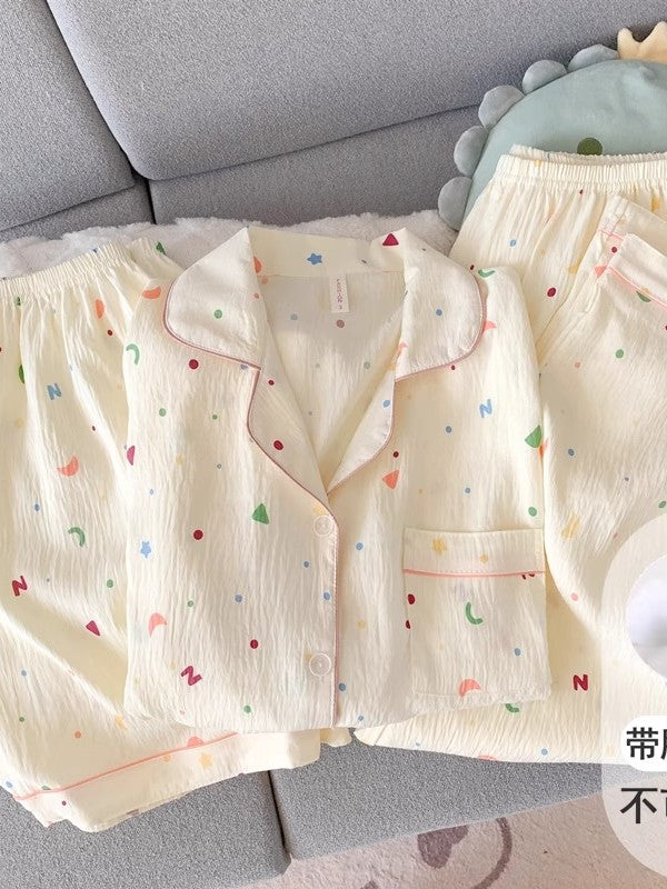 Döş yastıqları ilə pambıq doka pijama, qadın qısaqol şalvar, yay üç parçalı dəst, şirin bala hırka, ev geyimi, yay