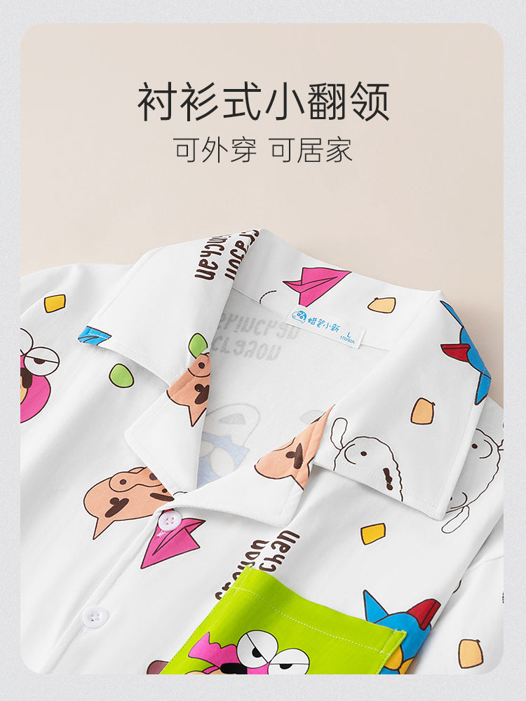 Gongdie [3 parça dəst] Qadınlar üçün Crayon Shin-chan cüt pijama, təmiz pambıq yay qısaqol şalvar, kişi ev geyimi dəsti