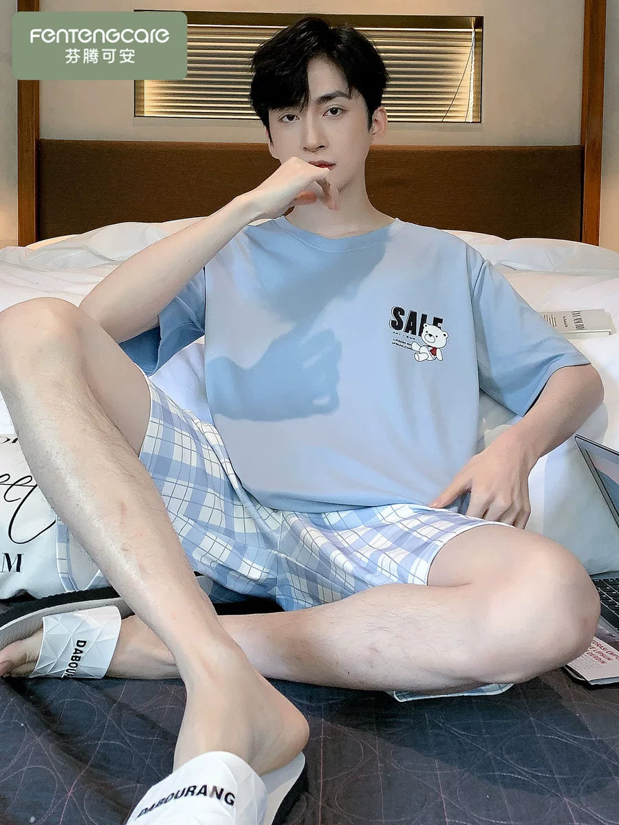 Kişilər üçün pijama yay təmiz pambıq nazik qısaqol şort kostyumdan kənarda geyinmək olar təsadüfi böyük ölçülü kişi sərin ev paltarı