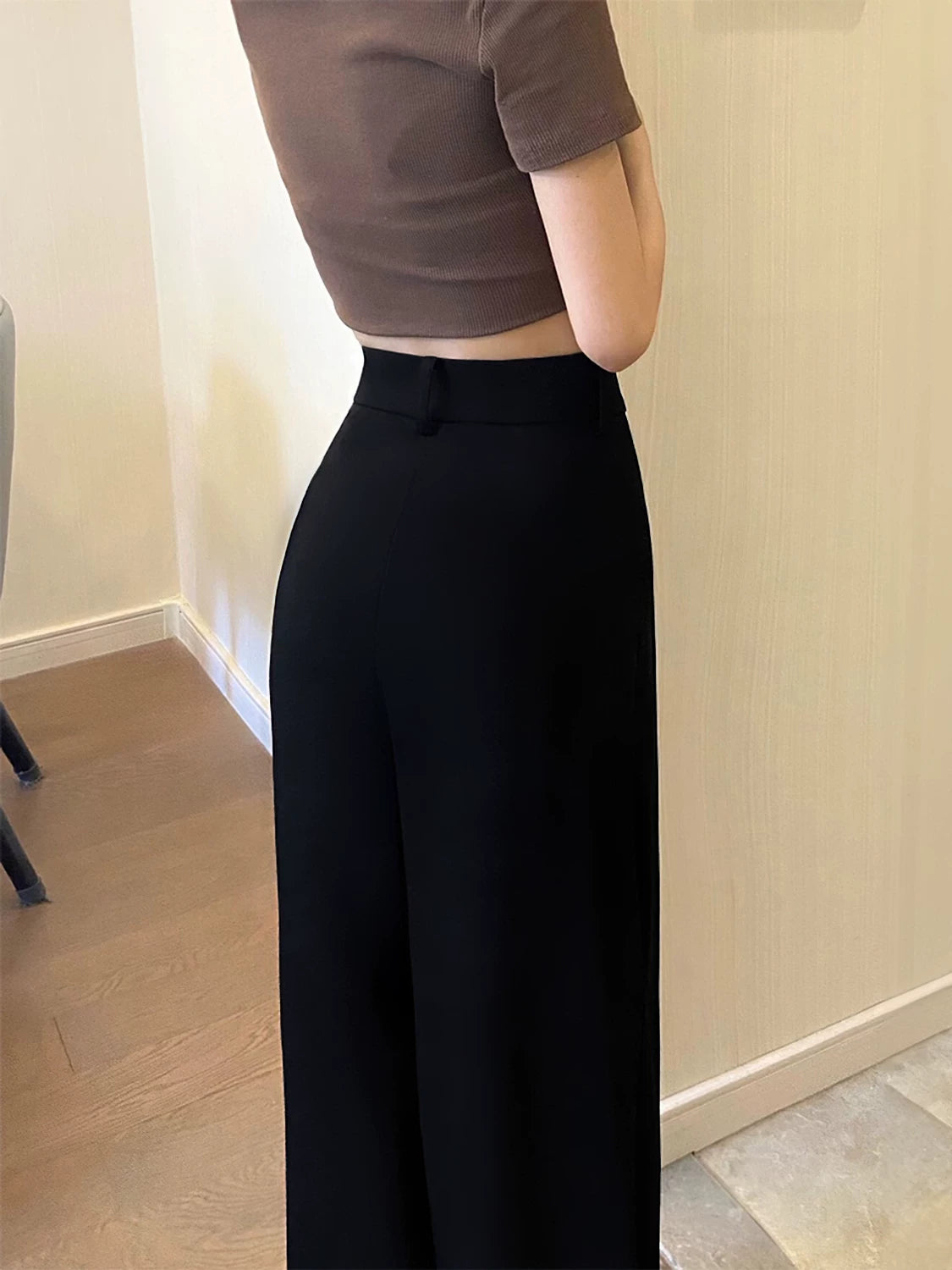 Qadınlar üçün qara kostyum şalvarı, kök qızlar üçün yay tərzi, mm hündür belli, boş, nazik, geniş paçalı gündəlik şalvar, armud formalı bədən şalvarları