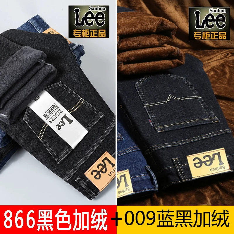 Payız/Qış üçün Kişilər üçün Qalın Yun Astarlı Cins Şalvar, İşgüzar Üslubda, Boş Formada, Düz Ayaqlı, Gündəlik, Uzun Şalvar, Elastik, Davamlı və Geyilməyə Davamlı