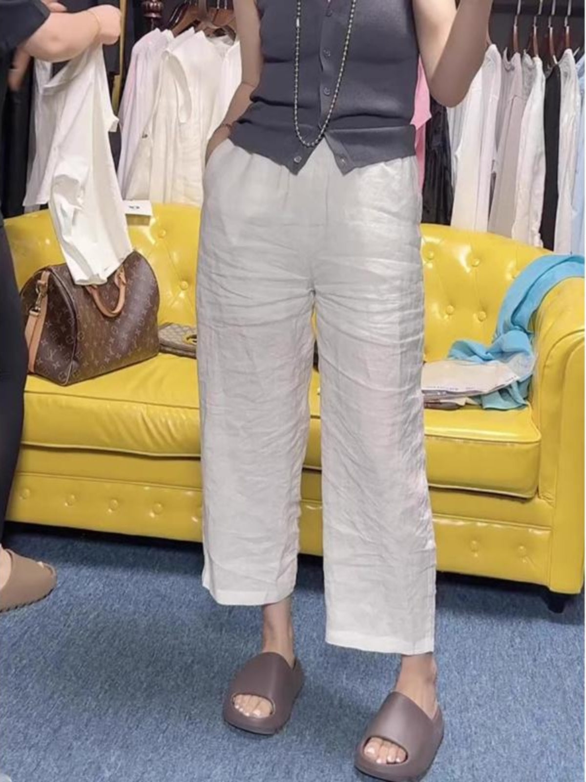 Böyük Ölçülü Qadın Geyimləri 2026 Yay Nazik Kətandan Kəsik Düz Ayaqlı Gündəlik Şalvar, Armud Formalı Fiqurlu Arıqladıcı və Çoxfunksiyalı Geniş Ayaqlı Şalvar