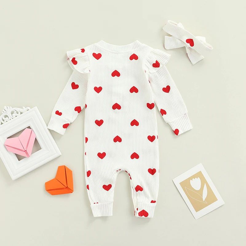 Newborn Girls Valentine's Day Romper Ruffle Ribbed Body