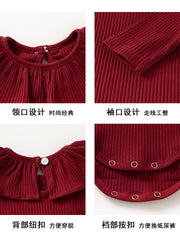 Qızlar üçün Fransız Uamtor Payız Körpə Onesi, Tam Ay/100 Günlük Şahzadə Romperi, Qırmızı Bəzəkli Kostyum