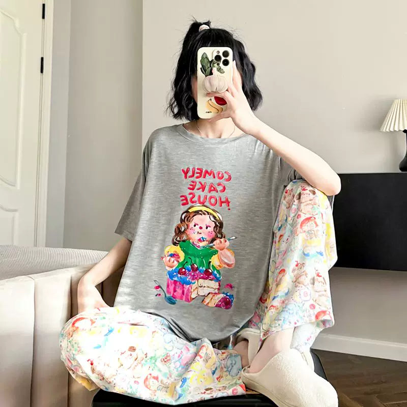 İncə bölmə ~ yağlı boya cizgi filmi modal pijama qadınlar üçün yay qısaqol şalvar buz ipək sərin və sevimli Yapon ev paltarları