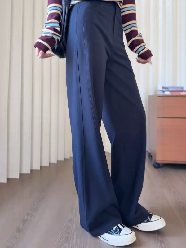 Tünd göy rəngli, nazik formalı, geniş ayaqlı qadın şalvarı, yeni 2026-cı ilin yaz modası, böyük ölçüdə, yüksək belli, pərdəli, kalçanı örtən, düz ayaqlı şalvar.