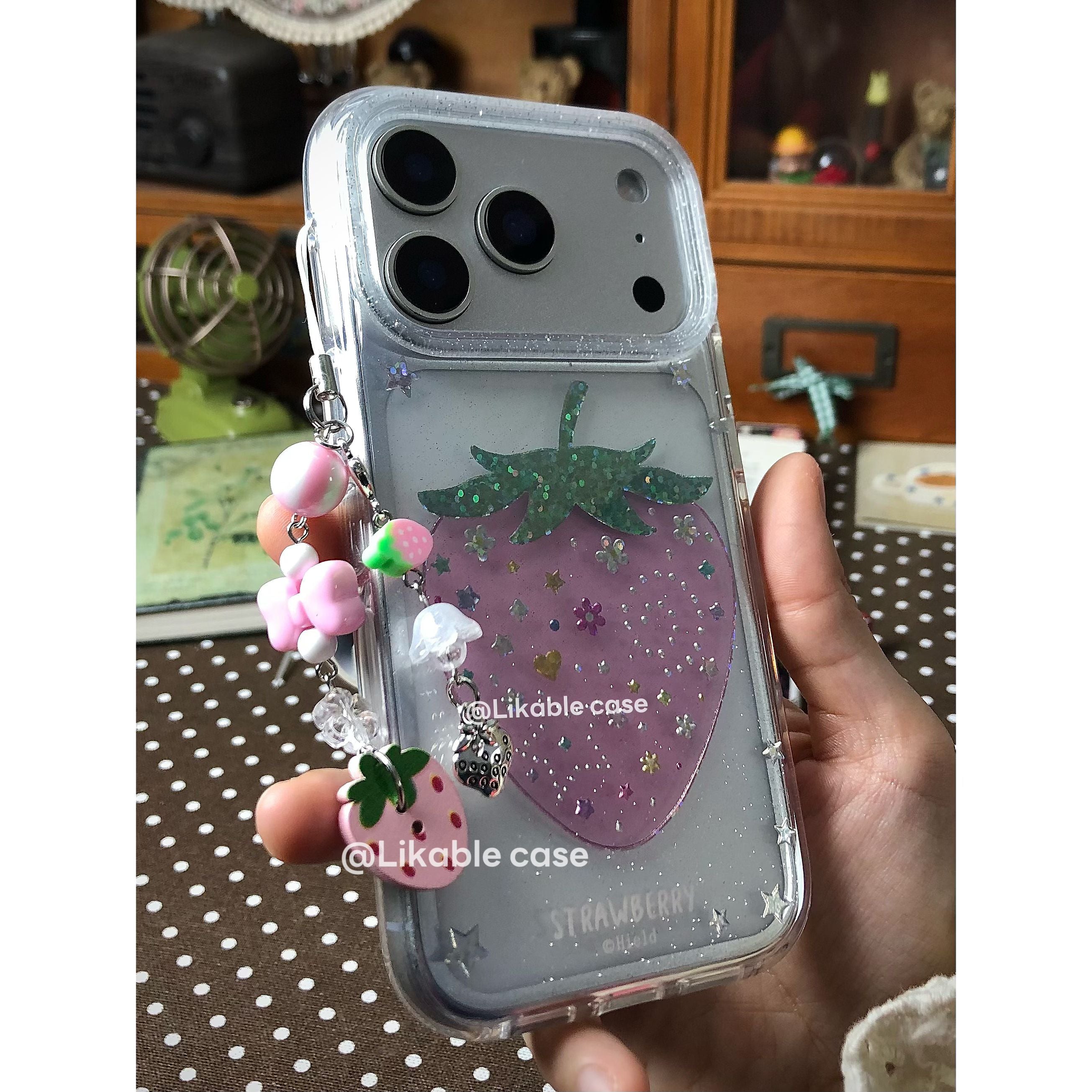 Sevimli çanta｜Dəyirmi kənar zərli çəhrayı kiçik çiyələk mobil telefon qutusu ikiqat imd iPhone17 alma 16promax sevimli 14/15 qız ürəyi